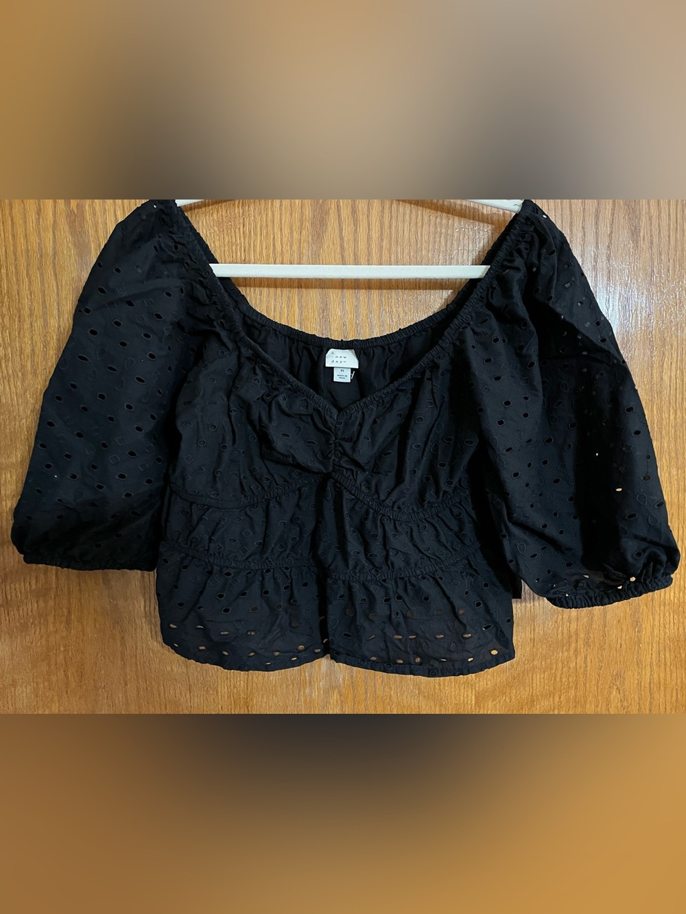 a new day Black Eyelet Puff-Sleeve Cropped Top